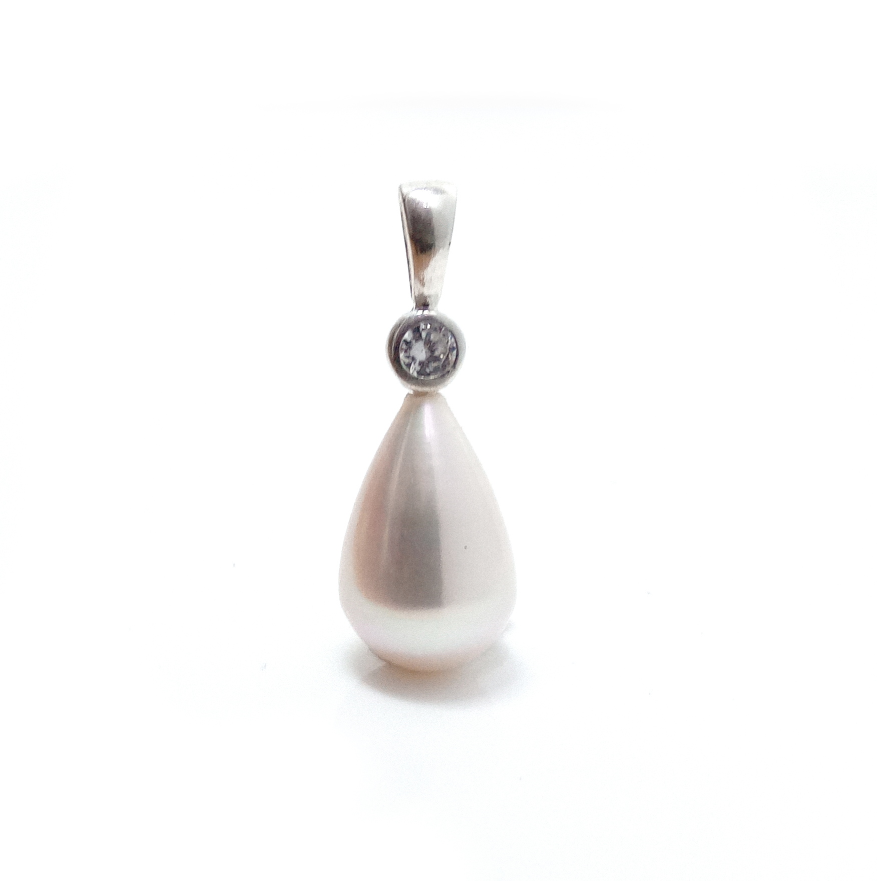 White Drop Pearl Pendant with One Faceted CZ